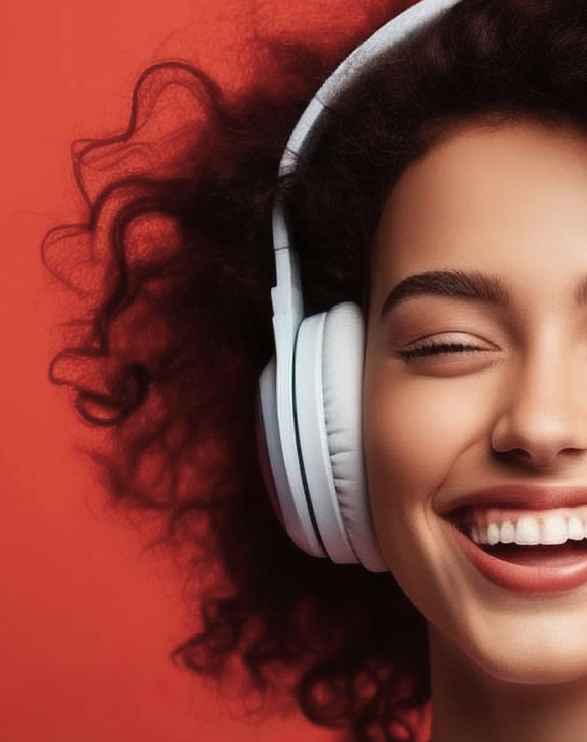 Smiling woman with curly hair wearing white headphones against a red background